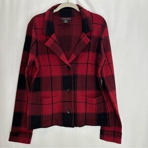 Tahari knit blazer large red and black buffalo plaid button up holiday office
